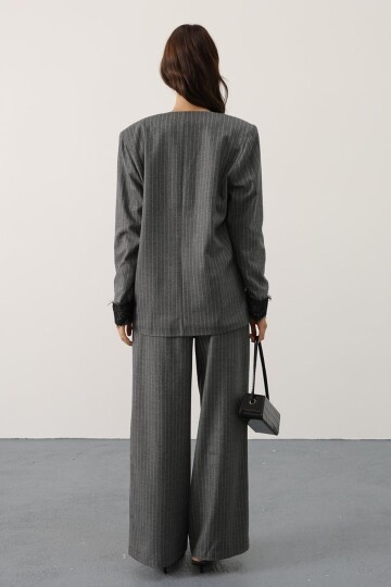 Düğme Kapamalı Dantel Detaylı Çizgili Palazzo Pantolon