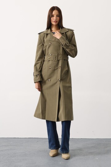 Düğmeli Kemer Kapamalı Vatkalı Astarlı Çift Cepli Uzun Trençkot