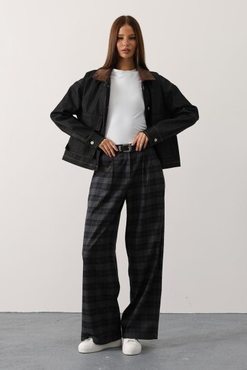 Ekose Desenli Kemerli Palazzo Pantolon