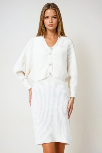 Düğme Kapamalı Crop Hırka ve Ön Arka V Yaka Fitilli Triko Elbise Takım