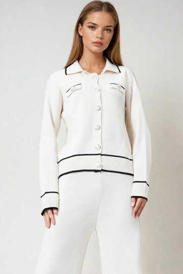 Ekru Kontrast Biyeli Polo Yaka Triko Hırka Ve Pantolon Takım