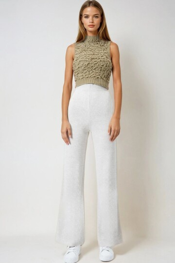 Ekru Yüksek Bel Beli Lastikli Triko Palazzo Pantolon