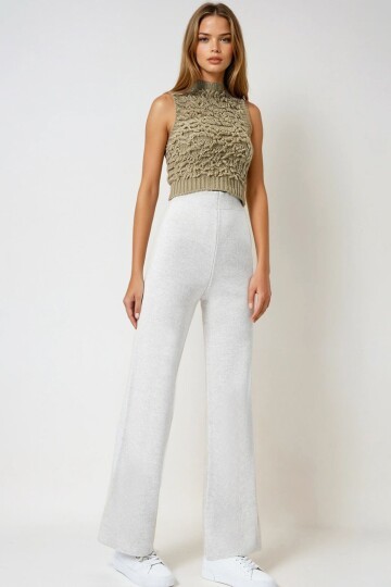 Ekru Yüksek Bel Beli Lastikli Triko Palazzo Pantolon