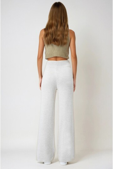 Ekru Yüksek Bel Beli Lastikli Triko Palazzo Pantolon