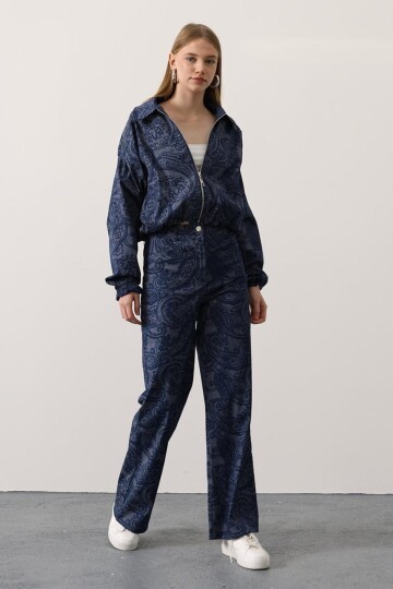 Etnik Desenli Bomber Ceket Ve Pantolon Denim Takım
