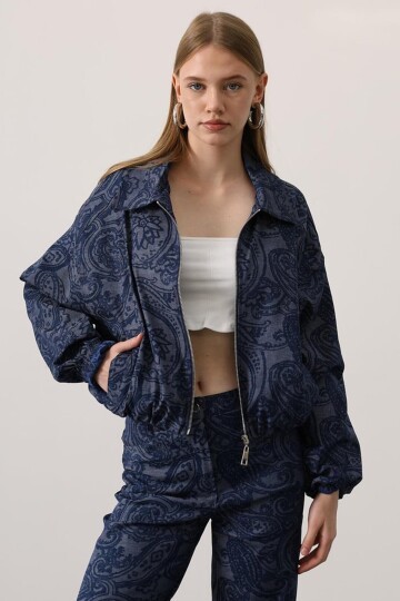 Etnik Desenli Bomber Ceket Ve Pantolon Denim Takım