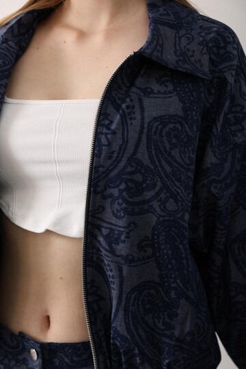 Etnik Desenli Bomber Ceket Ve Pantolon Denim Takım