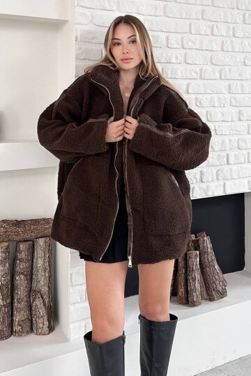 Fermıar Kapamalı Şerit Detaylı Peluş Oversize Ceket