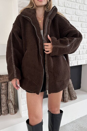 Fermıar Kapamalı Şerit Detaylı Peluş Oversize Ceket