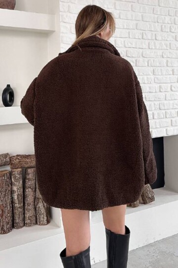 Fermıar Kapamalı Şerit Detaylı Peluş Oversize Ceket