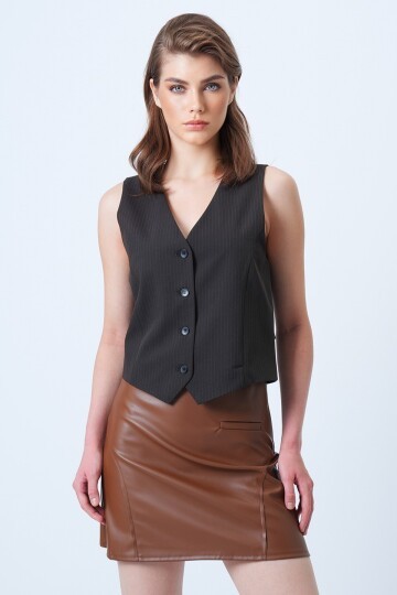 Fileto Cep Ve Dikiş Detaylı Yandan Fermuarlı Suni Deri Etek