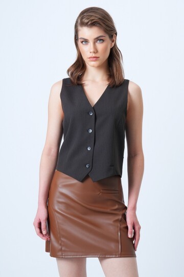 Fileto Cep Ve Dikiş Detaylı Yandan Fermuarlı Suni Deri Etek