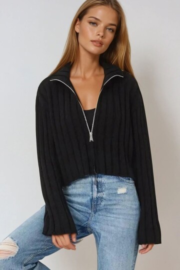 Fitilli Fermuarlı Yarım Dik Yaka Crop Triko Hırka