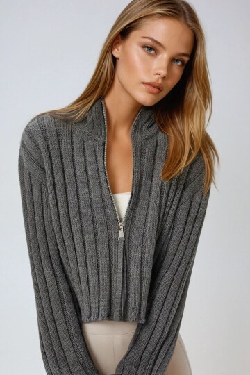 Fitilli Fermuarlı Yarım Dik Yaka Crop Triko Hırka