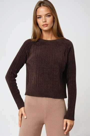 Fitilli Kadife Dokulu Bisiklet Yaka Uzun Kollu Triko Kazak