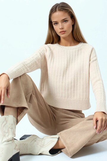 Fitilli Kadife Dokulu Bisiklet Yaka Uzun Kollu Triko Kazak