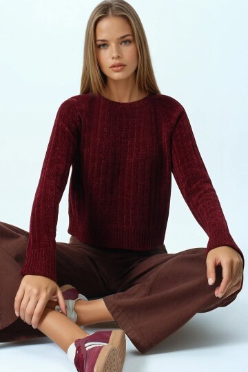 Fitilli Kadife Dokulu Bisiklet Yaka Uzun Kollu Triko Kazak