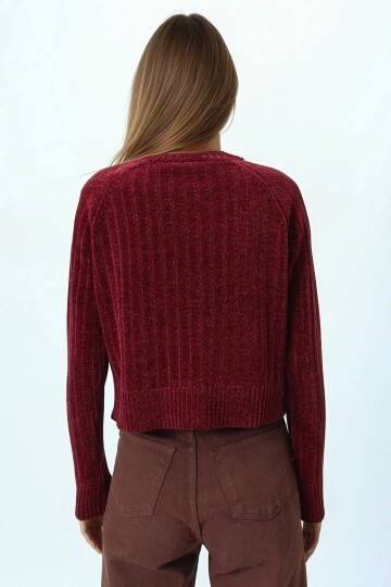 Fitilli Kadife Dokulu Bisiklet Yaka Uzun Kollu Triko Kazak