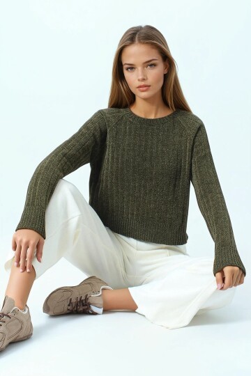 Fitilli Kadife Dokulu Bisiklet Yaka Uzun Kollu Triko Kazak