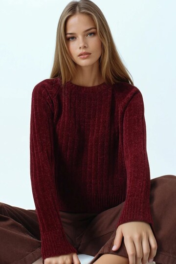 Fitilli Kadife Dokulu Bisiklet Yaka Uzun Kollu Triko Kazak