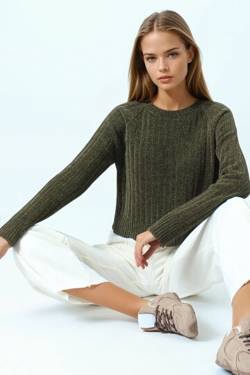 Fitilli Kadife Dokulu Bisiklet Yaka Uzun Kollu Triko Kazak