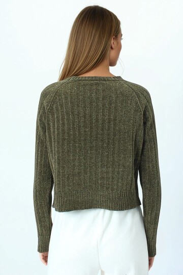 Fitilli Kadife Dokulu Bisiklet Yaka Uzun Kollu Triko Kazak