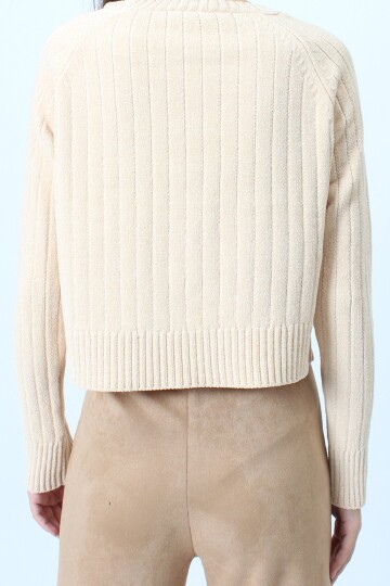 Fitilli Kadife Dokulu Bisiklet Yaka Uzun Kollu Triko Kazak