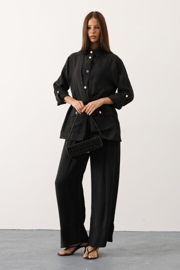 Gold Düğme Detaylı Gömlek Bluz Ve Palazzo Pantolon Takım