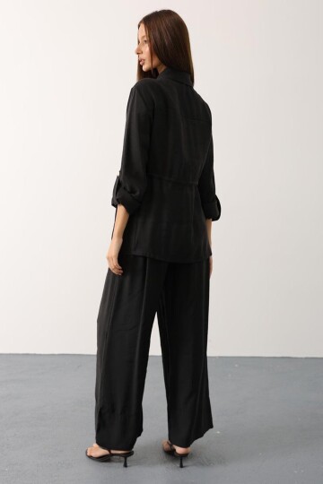 Gold Düğme Detaylı Gömlek Bluz Ve Palazzo Pantolon Takım