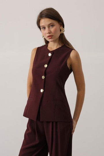 Gold Düğme Detaylı Yelek Ve Pileli Palazzo Pantolon Takım