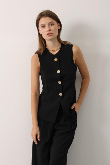 Gold Düğme Detaylı Yelek Ve Pileli Palazzo Pantolon Takım