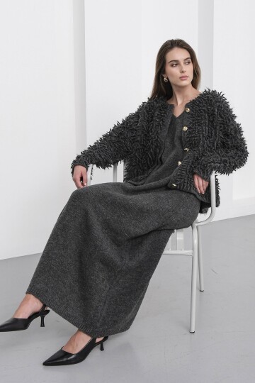 Gold Düğmeli Shaggy Hırka