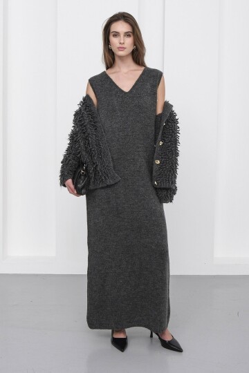 Gold Düğmeli Shaggy Hırka