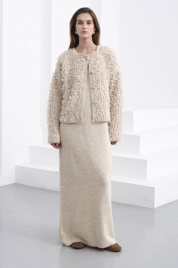 Gold Düğmeli Shaggy Hırka