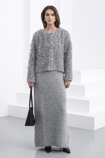 Gold Düğmeli Shaggy Hırka