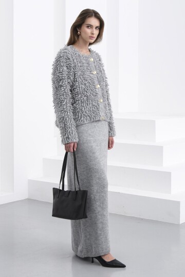 Gold Düğmeli Shaggy Hırka