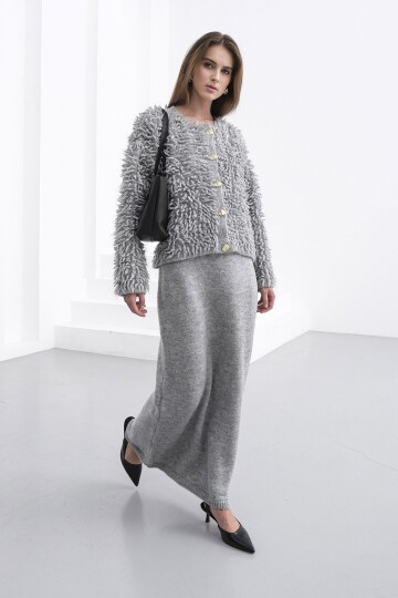 Gold Düğmeli Shaggy Hırka