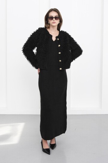 Gold Düğmeli Shaggy Hırka