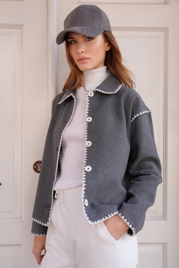 Gömlek Yaka Düğme Kapamalı Kontrast Uzun Kollu Hırka