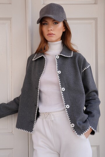 Gömlek Yaka Düğme Kapamalı Kontrast Uzun Kollu Hırka