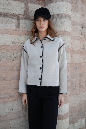 Gömlek Yaka Düğme Kapamalı Kontrast Uzun Kollu Hırka