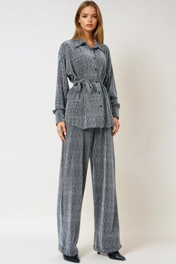 Gri Fiyonklu Oversize Gömlek Ve Bağcıklı Beli Lastikli Taş İşlemeli İkili Takım