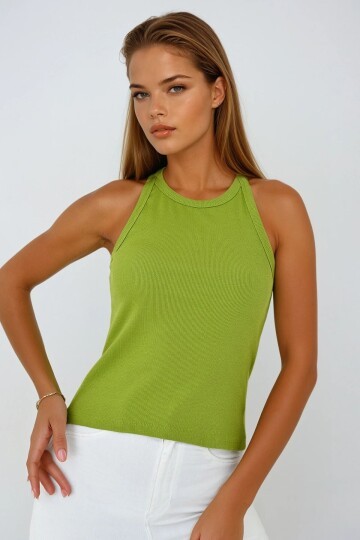 Halter Yaka Esnek Dokulu Basic Kolsuz Üst Bluz