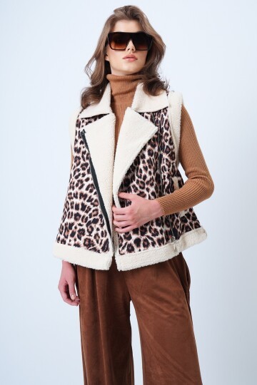 İçi Kürklü  Kruvaze Yaka Leopar Yelek