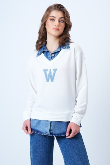 Jean Gömlek Graneli Önü Nakışlı Sweatshirt