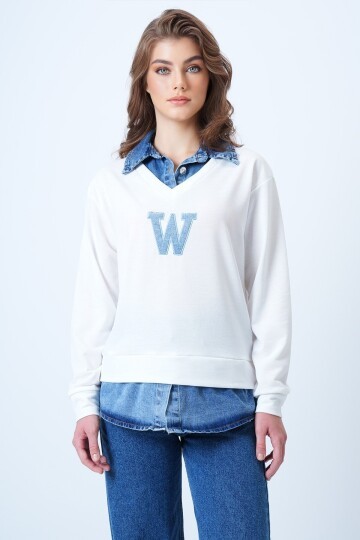 Jean Gömlek Graneli Önü Nakışlı Sweatshirt