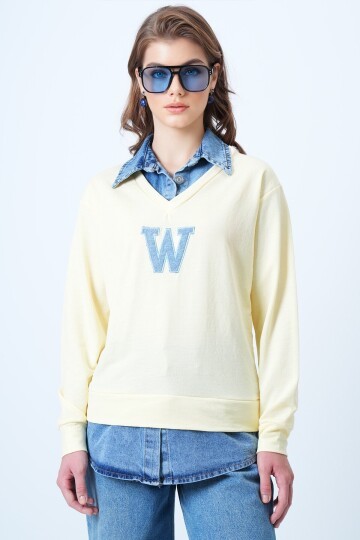 Jean Gömlek Graneli Önü Nakışlı Sweatshirt