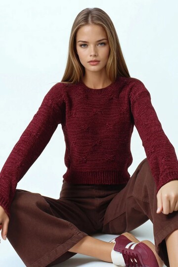 Kabartma Desenli Bisiklet Yaka Uzun Kollu Triko Kazak