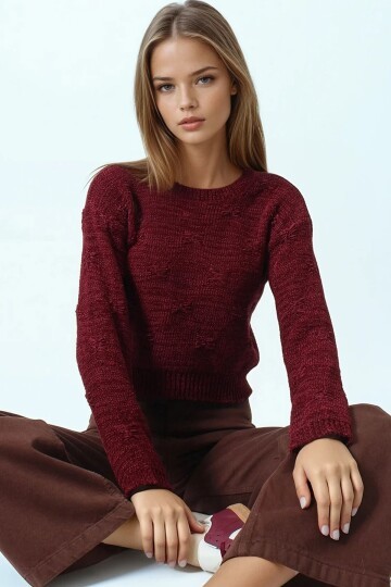 Kabartma Desenli Bisiklet Yaka Uzun Kollu Triko Kazak