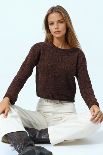 Kabartma Desenli Bisiklet Yaka Uzun Kollu Triko Kazak